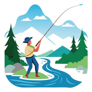 Balıkçı bir dağ deresinde alabalık yakalamak için olta ve ip kullanıyor. Temiz su. Ve yemyeşil. Yapay zeka üretildi. Vektör simgesi