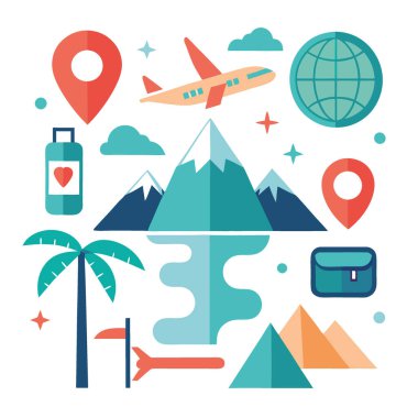 Seyahat temalı web simgeleri seti. Uçak. Dağlar. Palmiye ağacı. Harita. Beyaz bir arka planda izole edilmiş. Yapay zeka üretildi. Vektör simgesi