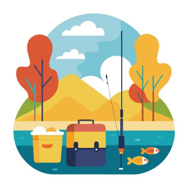 Renkli bir sonbahar öğleden sonrası boyunca sakin bir nehrin kenarında bir olta takımının yanında iki olta kamışı duruyor. Yapay zeka üretildi. Vektör simgesi