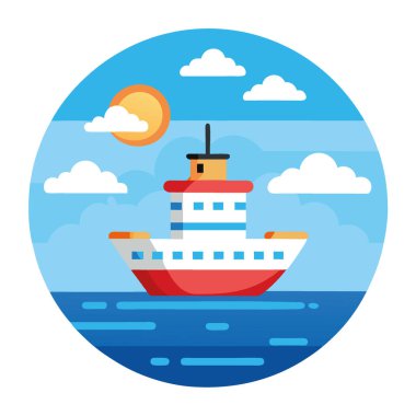 Parlak bir gökyüzünün altında, sakin mavi sularda yapay zekanın oluşturduğu sakin bir deniz manzarası. Vektör simgesi