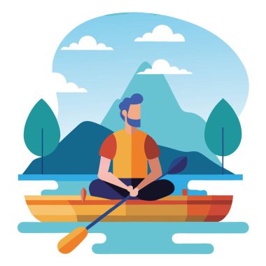 İskelede oturan orta yaşlı bir adam nehirde kanoya binmeye hazır. Güzel, basit bir görüntü. Yapay zeka üretildi. Vektör simgesi