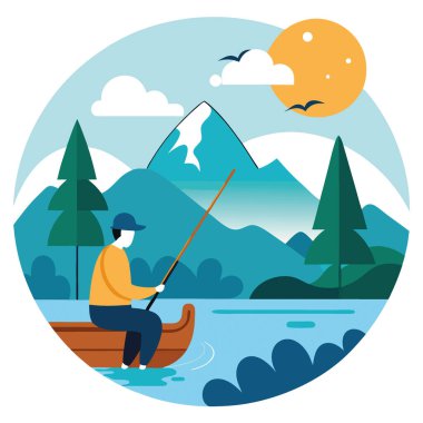 Balık tutma gezisi çizimleri. Nehir ya da göl kenarında balık tutan birini gösteriyor. Huzurlu ve huzurlu bir ortam. Yapay zeka üretildi. Vektör simgesi