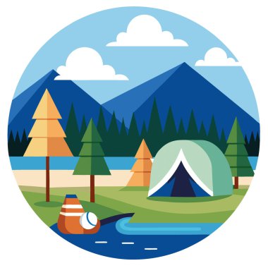 Göl kenarındaki kamp alanında sabahın erken saatlerinde kıyıda dinlenen çadırlar ve bir beyzbol topu var. Yapay zeka üretildi. Vektör simgesi