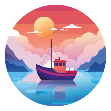 Gün doğumunda sakin sularda yüzen bir balıkçı teknesinin sakin bir görüntüsü. Sis ve renkli gökyüzü ile çevrili yapay zeka üretildi. Vektör simgesi