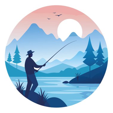 Sabahın erken saatlerinde balıkçı sükunet içinde bir çizgi çiziyor. Güneşin doğuşundaki sisli sular dingin doğayla çevrilidir. Yapay zeka üretildi. Vektör simgesi