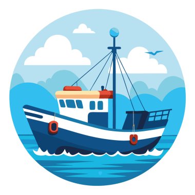 Huzurlu bir deniz ortamında, sakin sularla ve berrak mavi gökyüzüyle denizde balıkçı teknesi. Yapay zeka üretildi. Vektör simgesi