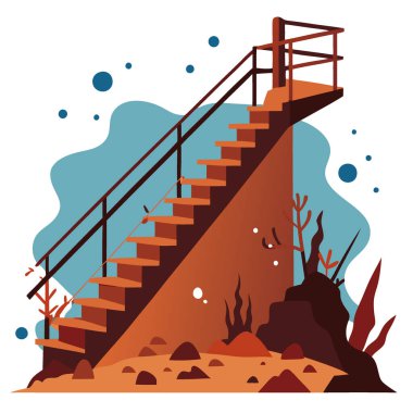 Paslı korkuluklar ve gemi enkazının merdivenleri. Mercan oluşumları ve yapay zekayla kaplanmış küçük balıklar. Vektör simgesi