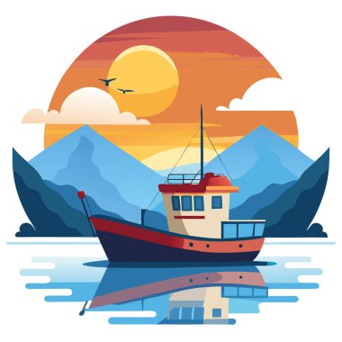 Gün doğumunda Sakin Sularda Güzel Yansımalar ve Canlı Renklerle Yüzen Manzaralı Balıkçı Teknesi. Yapay zeka üretildi. Vektör simgesi