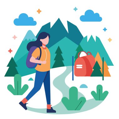 Açık hava macera keşfi. Yürüyüş parkurları. Kamp gezileri ve doğa kaçışları. Sırt çantalı bir kız. Yapay zeka üretildi. Vektör simgesi