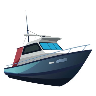 Gösterişli modern balıkçı teknesi beyaz arka planda izole edilmiş gelişmiş tasarımı ve özelliklerini sergiliyor. Yapay zeka üretildi. Vektör simgesi