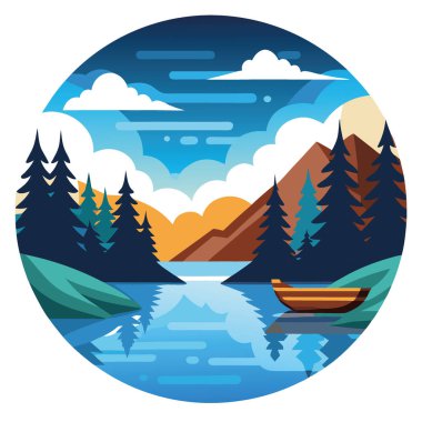 Sınır suları kano gezisi. Güzel nehir bulutu yansıması. Firavun ağaçları el değmemiş vahşi doğa görüntüsü. Yapay zeka üretildi. Vektör simgesi