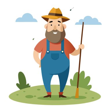 Tulumlu, balıkçı direği ve kır manzaralı mizahi cahil çizgi film karakteri. Yapay zeka üretildi. Vektör simgesi