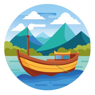 Huzurlu sulara demirlemiş ahşap bir balıkçı teknesi. Arka planda manzarası çok güzel. Yapay zeka üretildi. Vektör simgesi