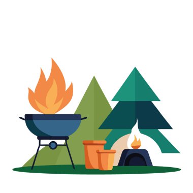 Alevli bir kamp ocağı. Tepsinin üstünde yemek pişirmek gibi. Yapay zekanın oluşturduğu çadır ve kamp alanını göstererek. Vektör simgesi