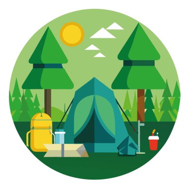 Kamp malzemeleri yeşil bir çadırın içinde, ağaçların arasından süzülen güneş ışığıyla bir kamp alanı. Yapay zeka üretildi. Vektör simgesi