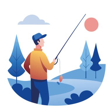 Sabahın erken saatlerinde sakin bir balık avlama yerinde odaklanma ve beklentiyle dönen bir makarayı tutmak. Yapay zeka üretildi. Vektör simgesi