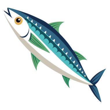 Taze bir uskumru balığı beyaz bir yüzeye yerleştirilir. Parlak pullarını ve çarpıcı desenlerini gösteriyor. Yapay zeka üretildi. Vektör simgesi