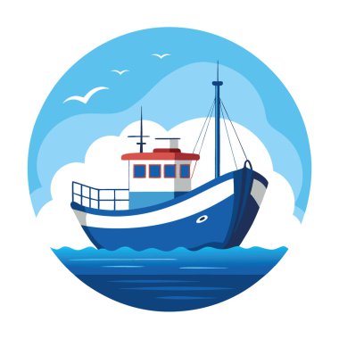 Açık Deniz ve Açık Mavi Gökyüzü ve Durgun Deniz Koşulları 'nda Uzun Çizgili Balıkçı Gemisi. Yapay zeka üretildi. Vektör simgesi