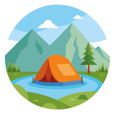 Huzurlu bir gölün yanında rahat turuncu bir çadır. Sisli tepelerle çevrili. Kamp yapmak ve doğanın tadını çıkarmak için mükemmel yapay zeka. Vektör simgesi
