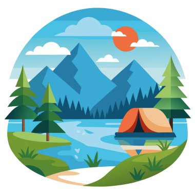 Sakin bir göl kenarında sakin bir kamp alanı. Dağlar ve ormanlarla çevrili. Yumuşak sabah ışığında yıkanmış yapay zeka üretilmiş. Vektör simgesi
