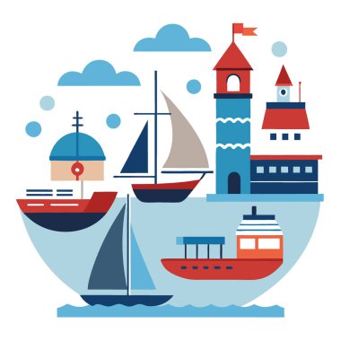 Yelkenlileri gösteren bir dizi izole tabela. Yatlar. Buharlı gemi. ve modern bir su limanında balıkçı tekneleri... yapay zeka üretti. Vektör simgesi