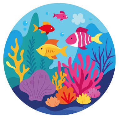 Renkli balıklar ve deniz hayvanlarıyla okyanus altında renkli mercanlar. Dijital Sanat İllüstrasyonu. Yapay zeka üretildi. Vektör simgesi