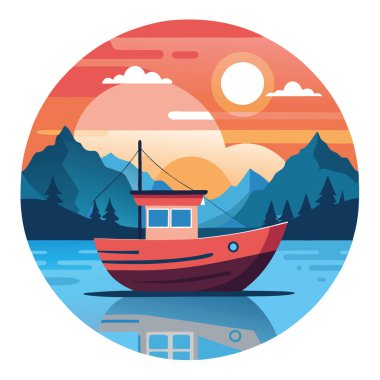 Gün batımında sakin suya demir atmış bir balıkçı teknesi manzaranın doğal yansıması sakin bir ortam. Yapay zeka üretildi. Vektör simgesi