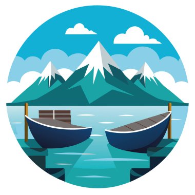 İki tekne yüksek bir dağ sırasının altındaki rıhtıma bağlı. Durgun göl suları. Ufuktaki keskin tepeler yapay zeka tarafından oluşturuldu. Vektör simgesi