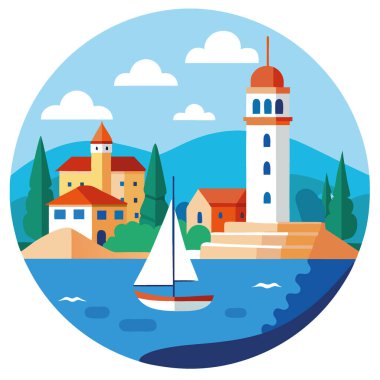 Tarihi liman kasabasında sakin bir öğleden sonra yelkenli tekneleri ve mavi gökyüzünün altında bir deniz feneri. Yapay zeka üretildi. Vektör simgesi