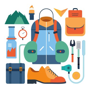 Açık hava macera malzemeleri ve temiz beyaz bir yüzey üzerinde yürüyüş malzemeleri. Yapay zekanın oluşturduğu dairesel çizim. Vektör simgesi