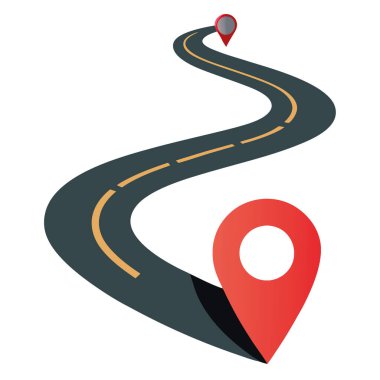 Yolculuk ve yolculuk güzergahı. Beyaz arka planda Pin Pointer 'la sarmal yol. Vektör EPS 10. Üst görünüm. Yapay zeka üretildi. Vektör simgesi