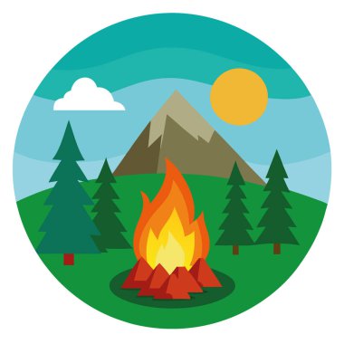 Ormanın ortasındaki bir kamp ateşinin fotoğrafı. Yakınında yeşil bir tarla ve arkasında da bir kaya duvarı var. Yapay zeka üretildi. Vektör simgesi
