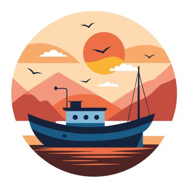 Gün batımında balıklarla dolu sakin bir balıkçı teknesi. Yapay zekanın yarattığı huzuru ve doğanın cömertliğinin güzelliğini yansıtıyor. Vektör simgesi