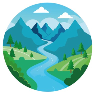 Bereketli dağlarda nefes kesici nehir yolculuğu manzaralı manzaralı hava manzaralı seyahat macerası deneyimi. Yapay zeka üretildi. Vektör simgesi