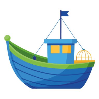 Açık mavi balıkçı teknesi sıcak ahşap süslemeler ve zeytin yeşili ağlar sergiliyor. Sakin sularda dinleniyor. Yapay zeka üretildi. Vektör simgesi