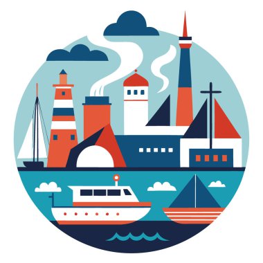 Yelkenlileri tasvir eden bir dizi çağdaş izole tabela. Yatlar. Buharlı gemi. Yapay zekanın ürettiği bir limanda balıkçı tekneleri. Vektör simgesi