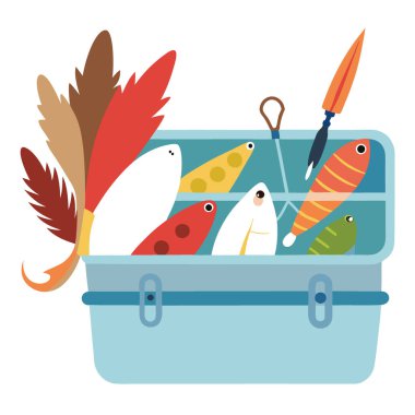 Balıkçılık yemlerinin yakın plan çekimleri bir takım kutusunda düzenleniyor. ayrıntılı kancalar ve tüyler. yumuşak doğal ışık. Yapay zeka üretildi. Vektör simgesi