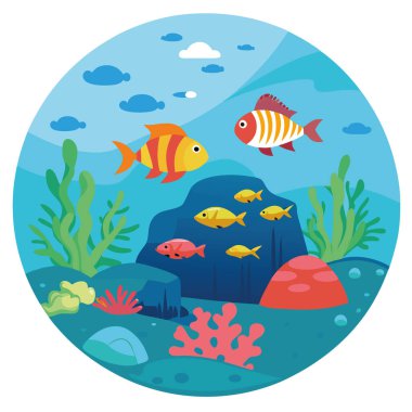 Parlak gün ışığında, tropik bir adanın yakınlarında renkli balıklarla dolu canlı mercan resiflerinin sualtı görüntüsü. Yapay zeka üretildi. Vektör simgesi