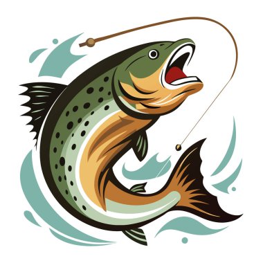 Bir balık oltasına ağzı açık yakalanan alabalığın yakın plan çekimi. Suya su sıçrattıkça yapay zeka ortaya çıktı. Vektör simgesi