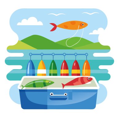 Gölün kenarında güneşli bir günde sakin bir su yüzeyinin yanındaki bir alet çantasının içinde renkli balık yemi. Yapay zeka üretildi. Vektör simgesi