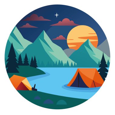 Huzurlu göl çadırı yanında kamp macerası. Alacakaranlık doğası fotoğrafçılığı. Huzurlu çevre manzarası. Yapay zeka üretildi. Vektör simgesi