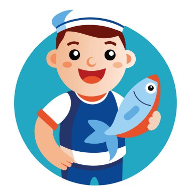 Elinde taze yakalanmış bir balığı tutan gülümseyen bir denizci. Yaz tatili ya da balık avı reklamları için mükemmel. Yapay zeka üretildi. Vektör simgesi