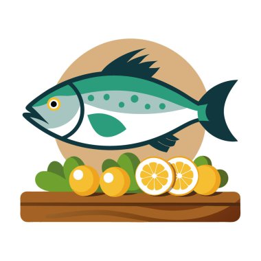 Kırsal ahşap tepside haşlanmış patatesle servis edilen taze balık. Sıradan bir yemek ya da açık hava pikniği için mükemmel. Yapay zeka üretildi. Vektör simgesi