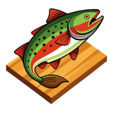 Sinek avına yakalanmış taze bir alabalık. Balık ahşap bir tahtanın üzerinde. Güzel bir renk yapay zeka. Vektör simgesi