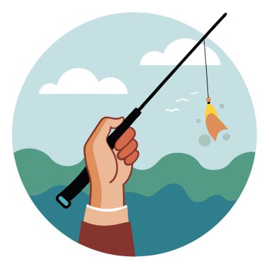 Sığ bir nehirde dururken oltayı tutan eller. Arka planda su ve yumuşak ışık var. Yapay zeka üretildi. Vektör simgesi