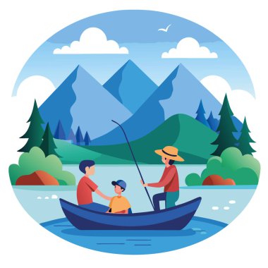Küçük bir teknede balığa çıkan bir aile. Ağaçlar ve dağlarla çevrili sakin bir göle hat döşüyorlar. Yapay zeka üretildi. Vektör simgesi