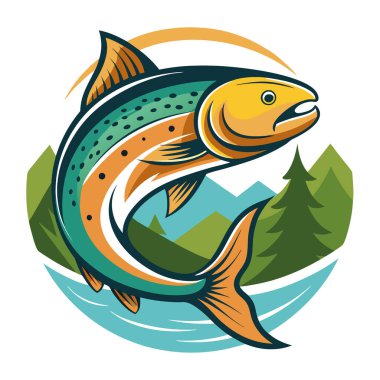 Sabahın erken saatlerinde balık avlama gezisinde alabalık çarpıcı bir hareket ve renk gösterisiyle sudan atlıyor. Yapay zeka üretildi. Vektör simgesi