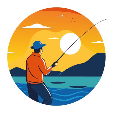 Bir balıkçı, altın saat boyunca mükemmel av için hazırlanırken sakin sulara parlak bir yem atar. Yapay zeka üretildi. Vektör simgesi