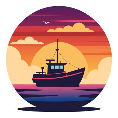 Gün batımında canlı sularda yüzen bir balıkçı teknesi. Yapay zekanın yarattığı renkli gökyüzüne çarpıcı bir siluet fırlatmak. Vektör simgesi