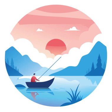 Gün doğumunda sakin sularda sakin bir sabah balıkçılığı. Yüzeyden yansıyan yumuşak pastel renkler. Yapay zeka üretildi. Vektör simgesi